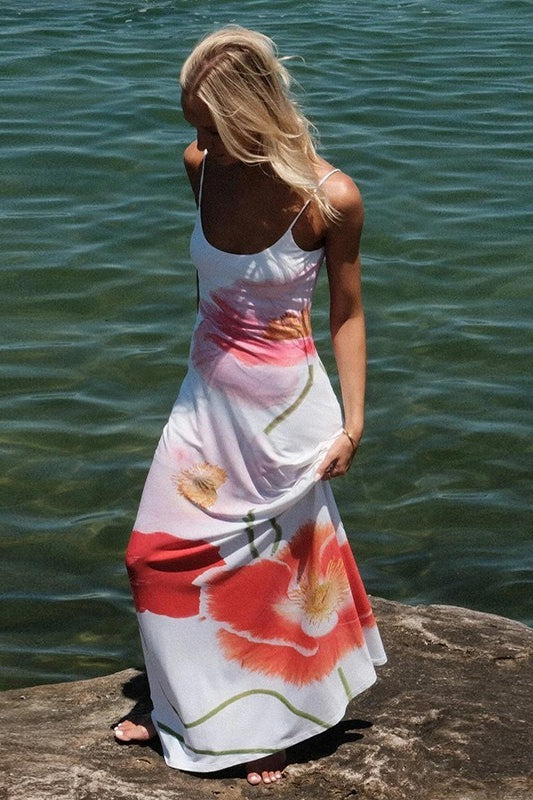 Spaghetti Strap Scoop Neck Oversized Floral Placement Print Maxi Dress 11