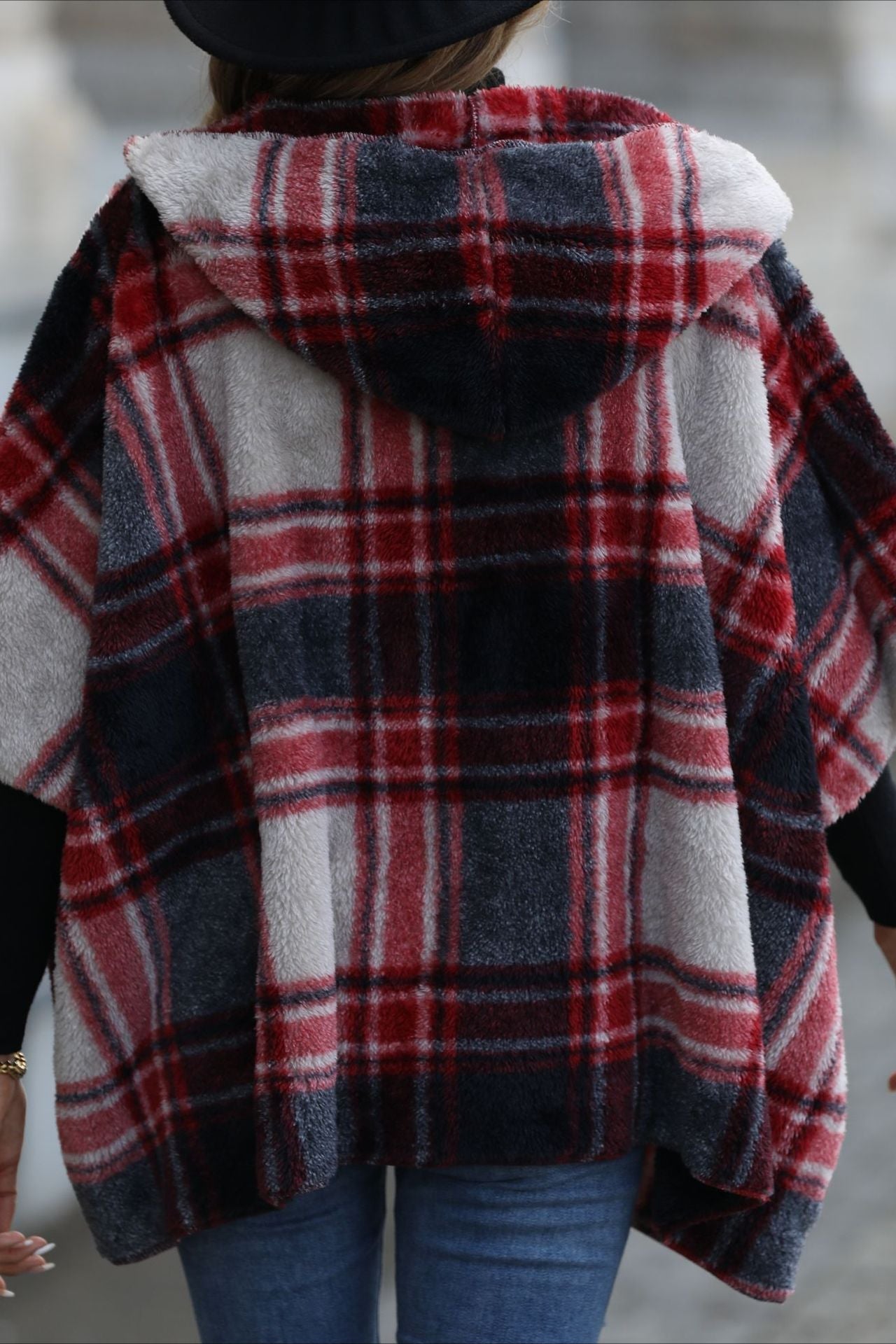 Fuzzy Plaid Hooded Short Sleeve Coat