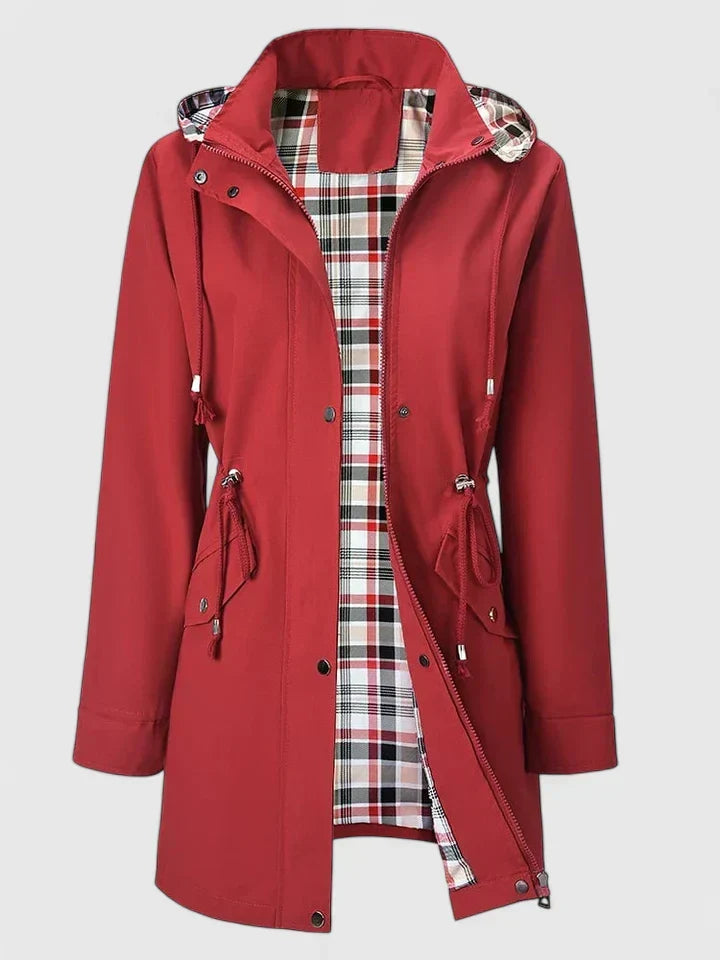 Hooded Plaid-Lined Drawstring Waist Zip-Front Longline Jacket