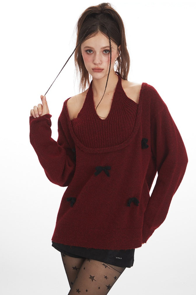 Bow Tie Halter UNeck Knit Top