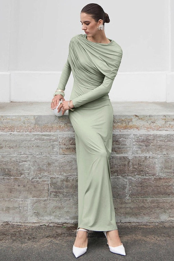 Asym Neck Knit Long Sleeve Maxi Dress