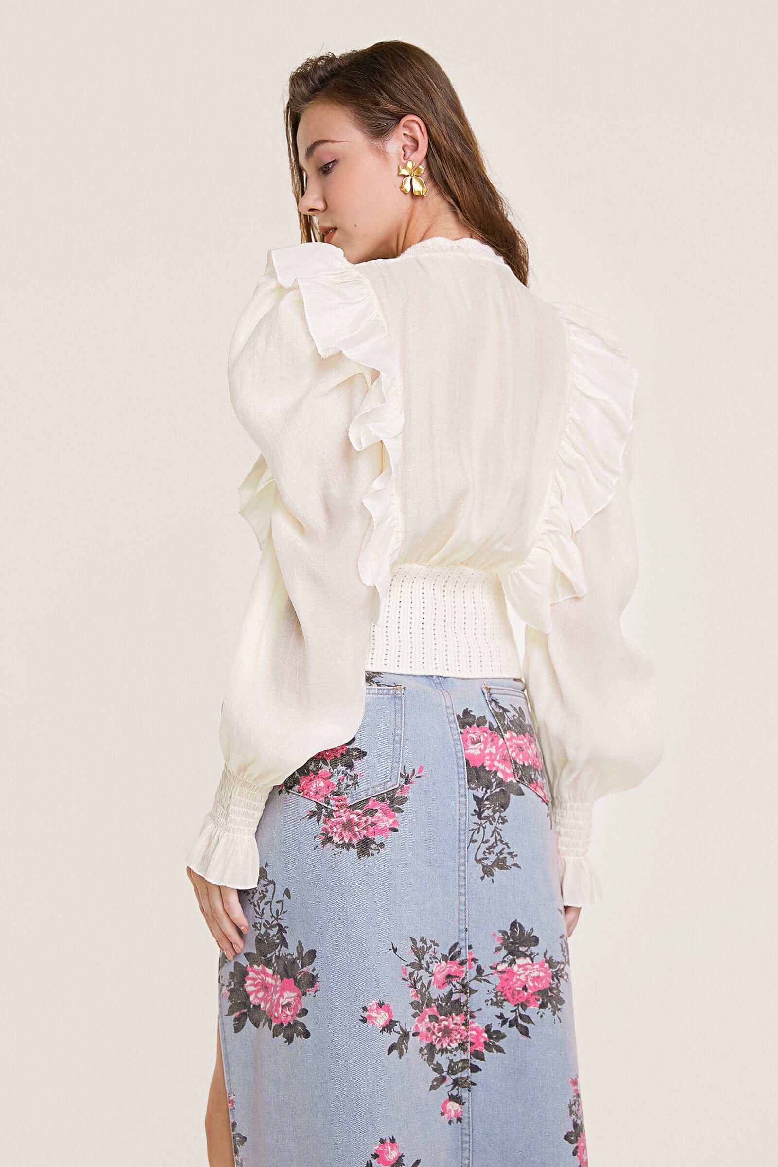 Beige Pointelle Knit Ruffled Chiffon Puff Sleeve Cardigan