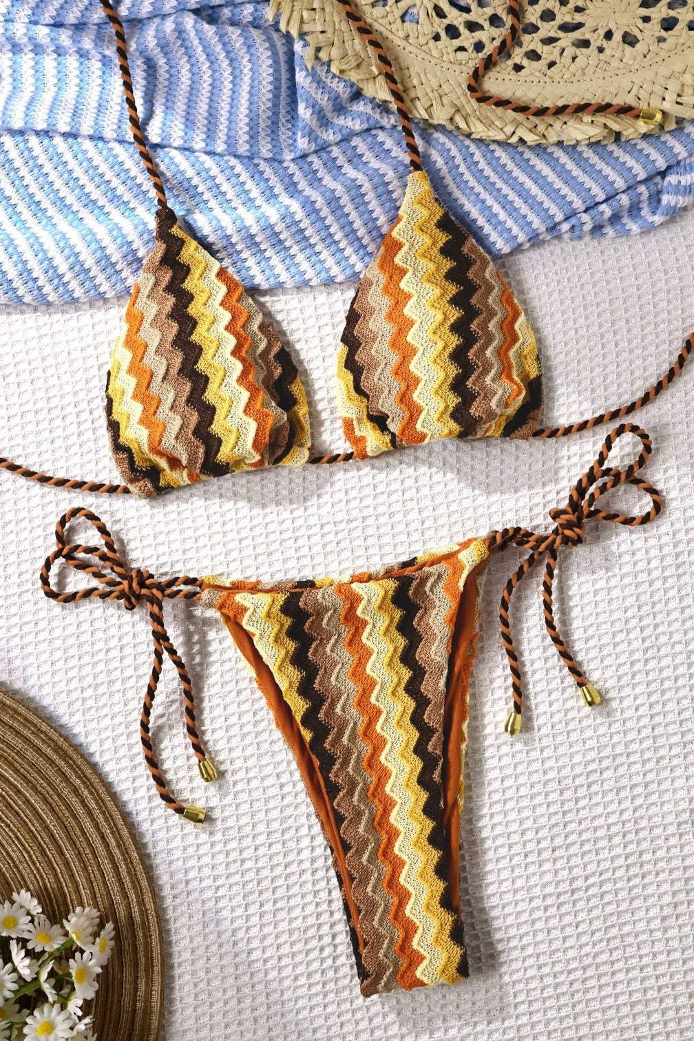 Macrame Embroidery Halter Triangle Bikini Set