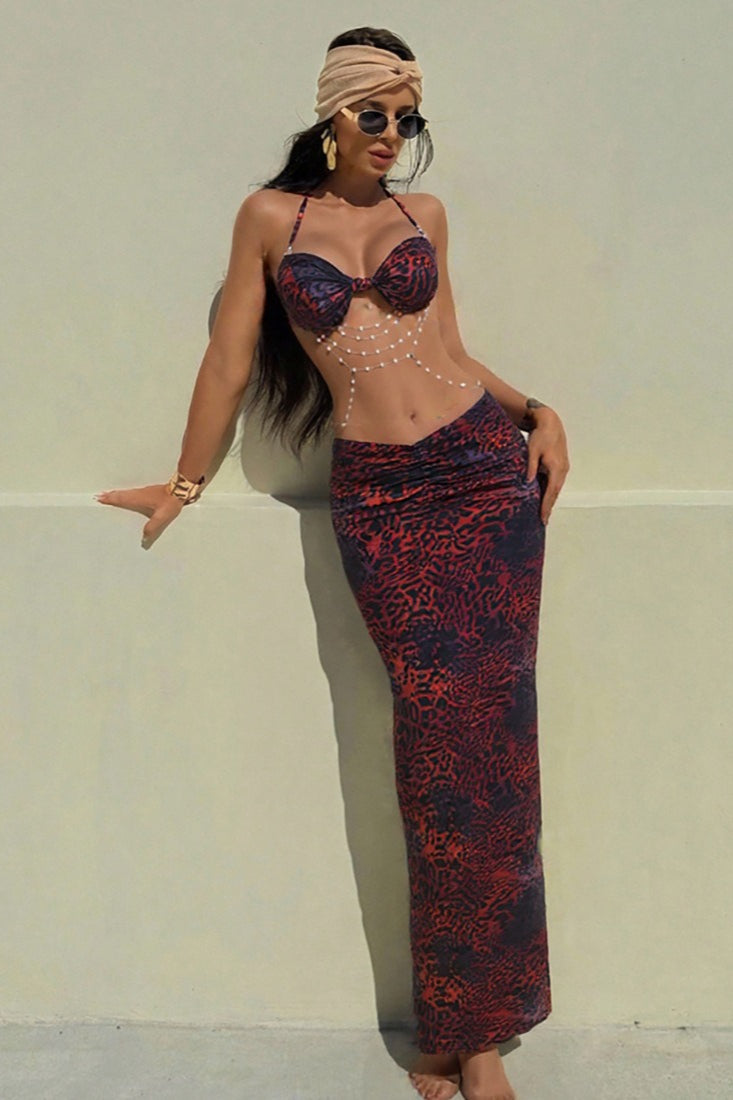Halter Bow Front Ruched Waist Marble Print Maxi Skirt Two Piece Set 11