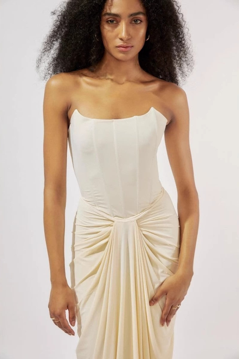 White Boned Waist Strapless Luxury Party Dress