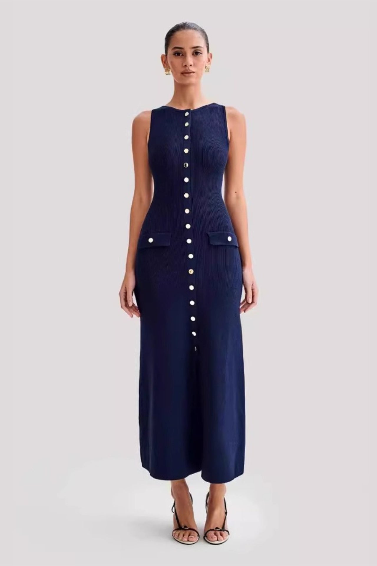 Knit Sleeveless Button Midi Dress