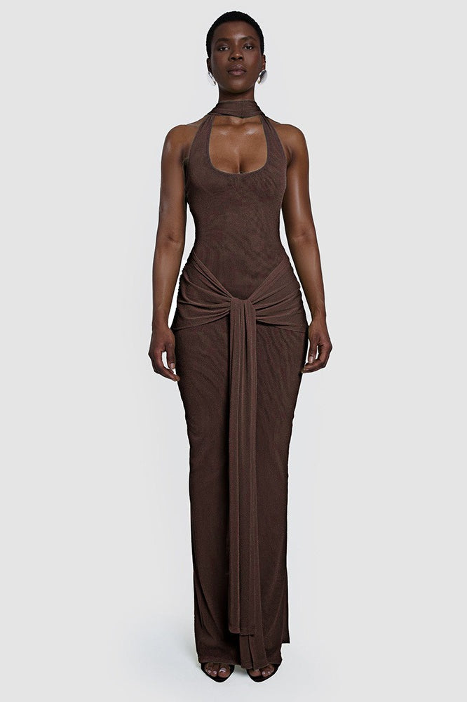 Silver Ribbon Backless Waist Cinch Maxi Bodycon Dress