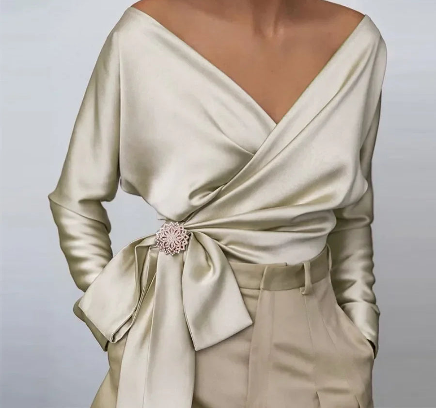 Longsleeved Slash Neck Off Shoulder Blouse