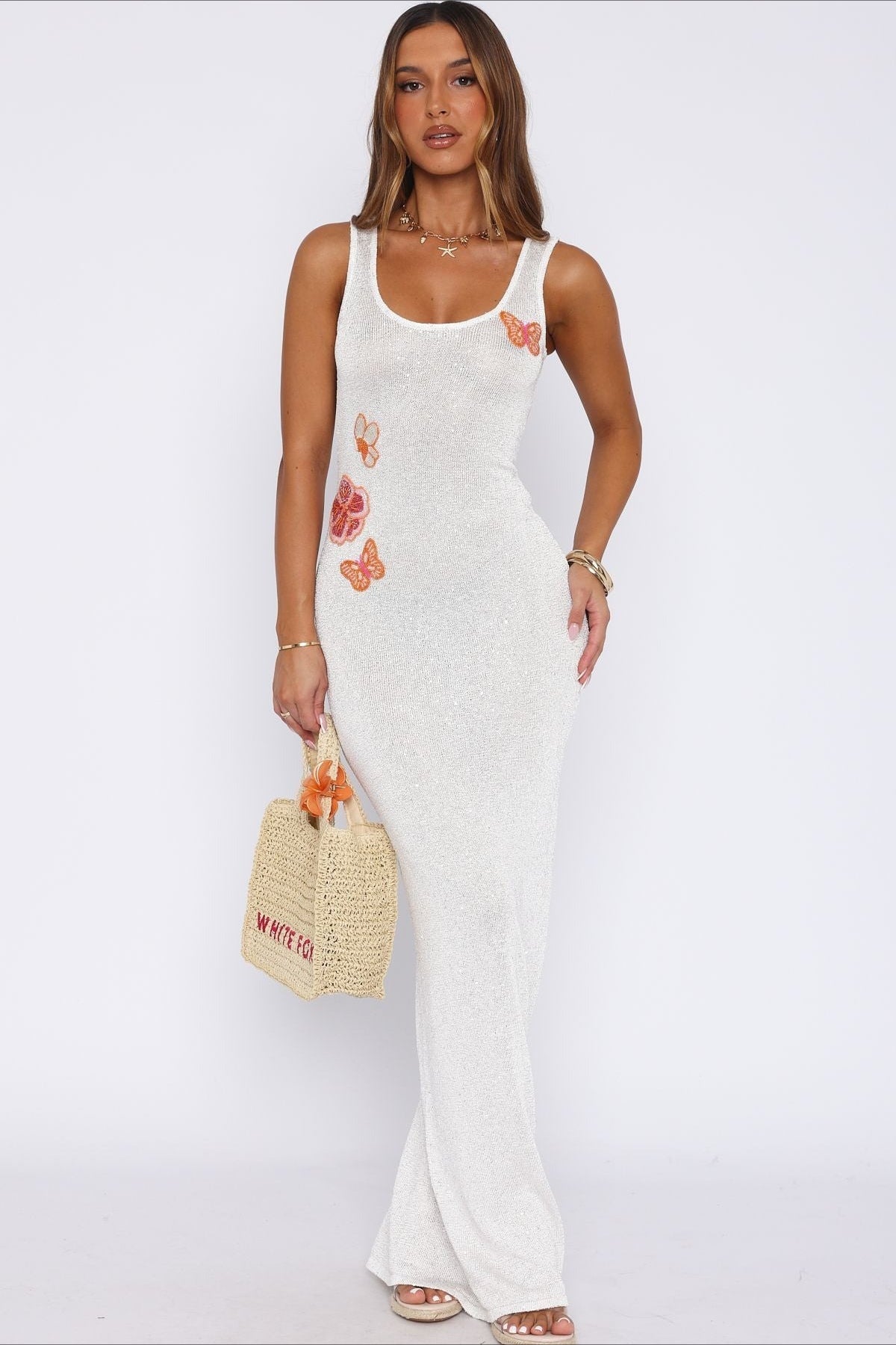 Scoop Neck Shell Starfish Beaded Applique Shimmer Rib Knit Bodycon Dress 5