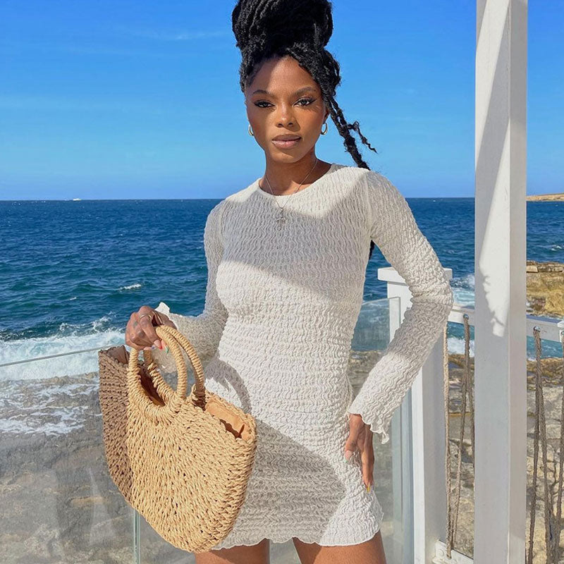 White Crew Neck Textured Smocked Long Sleeve Bodycon Mini Dress