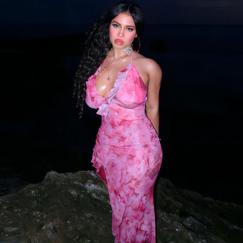 Pink Halter Deep V-Neck Tie Dye Ruffle Trim High Slit Maxi Dress