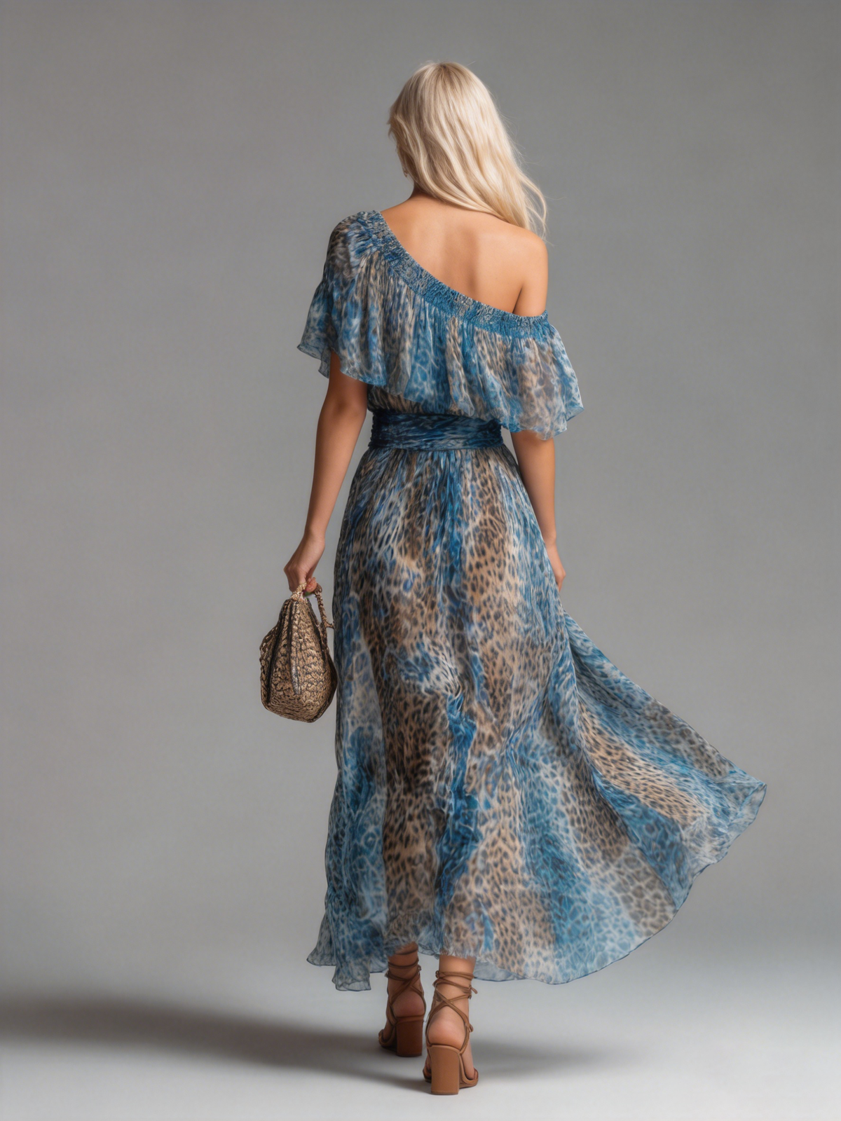 Blue One-Shoulder Ruffle Leopard Chiffon Flowy A-Line Maxi Dress 2