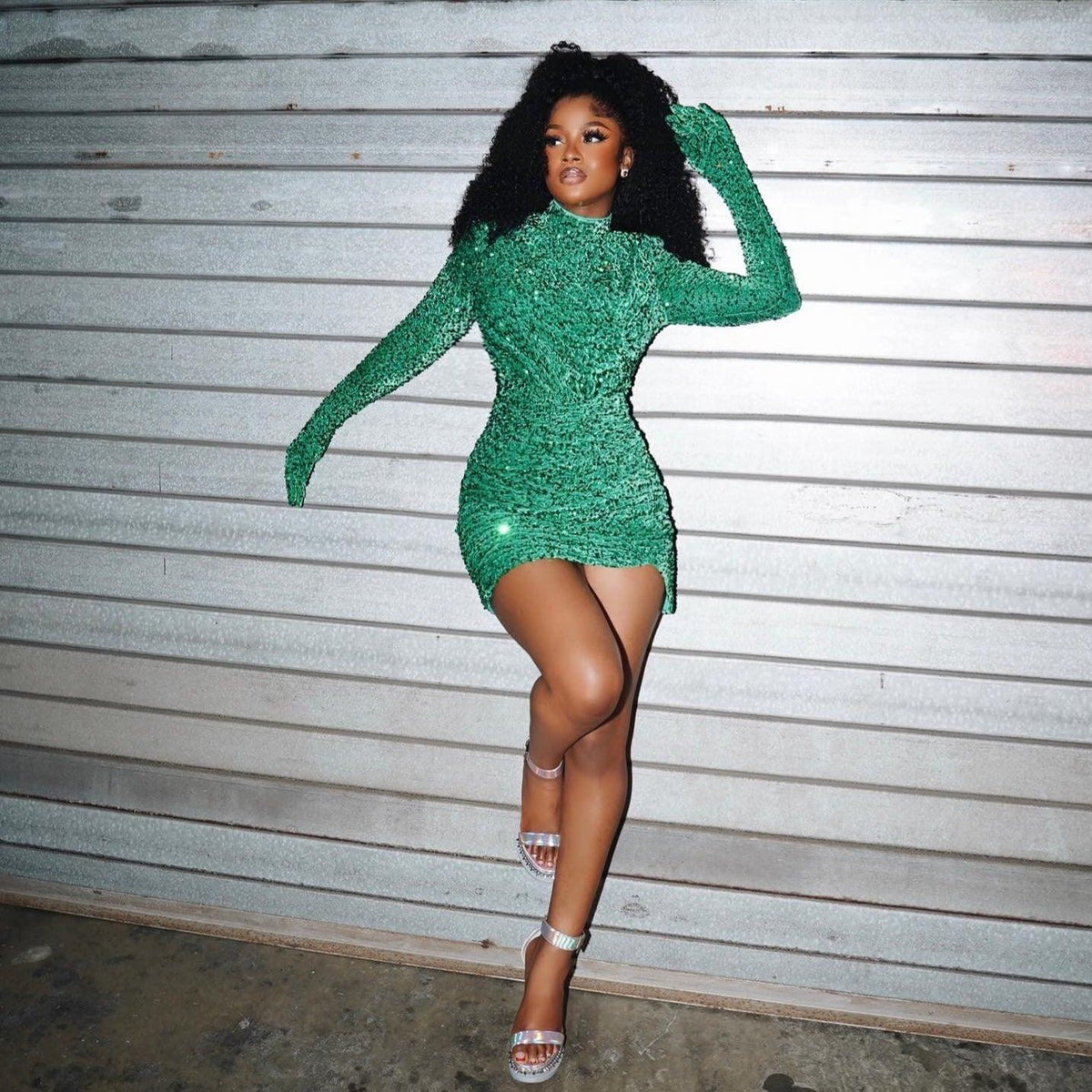 Green High Neck Long Sleeve Sequin Glove Ruched Bodycon Mini Dress