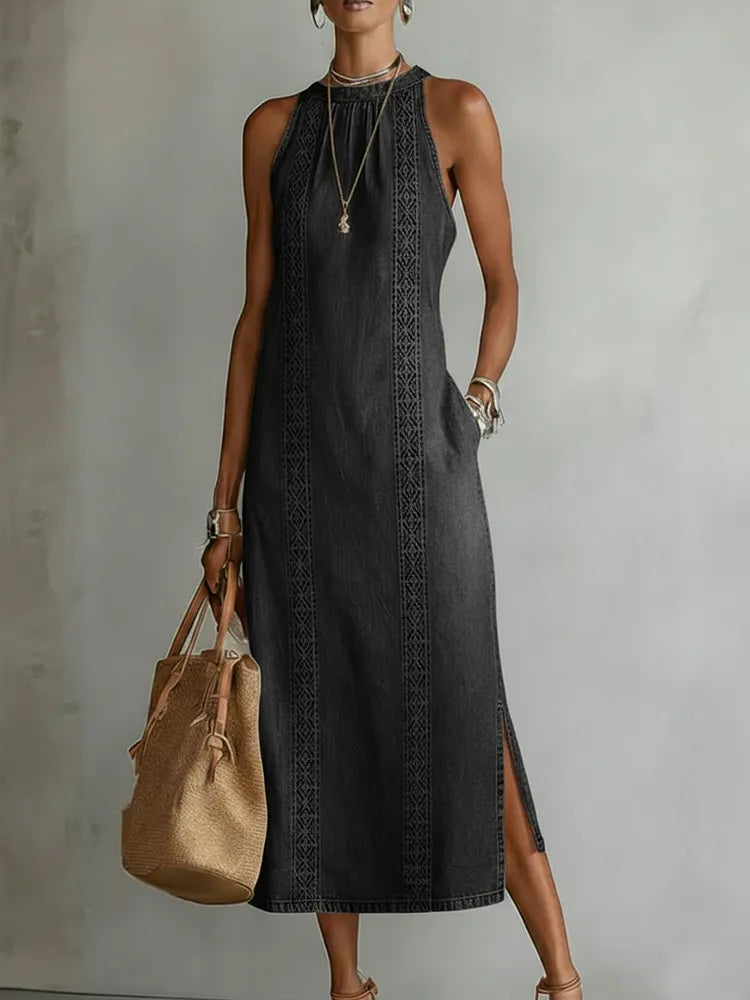 Halter Neck Sleeveless Denim Embroidered Trim Side Slit Shift Maxi Dress