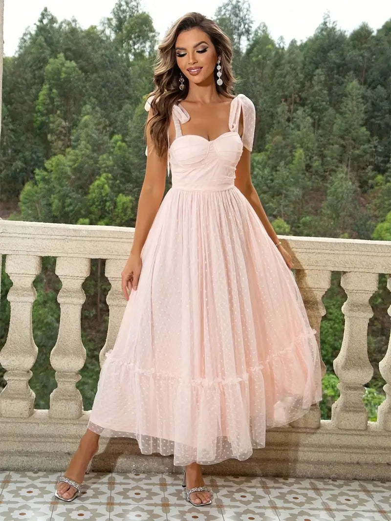 Sweetheart Neck Tie Strap Tulle Ruched A-Line Midi Dress