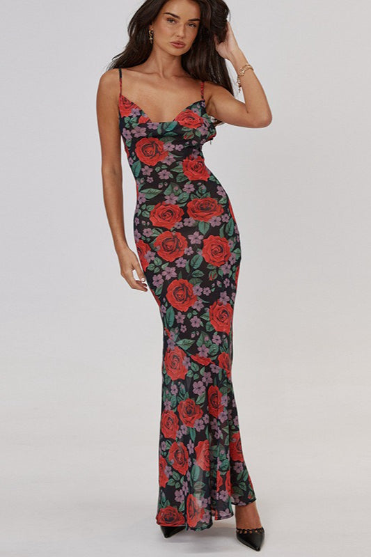 Red Spaghetti Strap Cowl Neck Floral Print Bodycon Maxi Dress 3