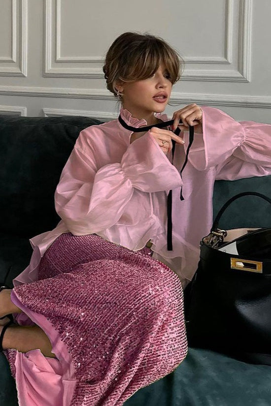 Sheer Bell-Sleeve Stylish Sexy Blouse