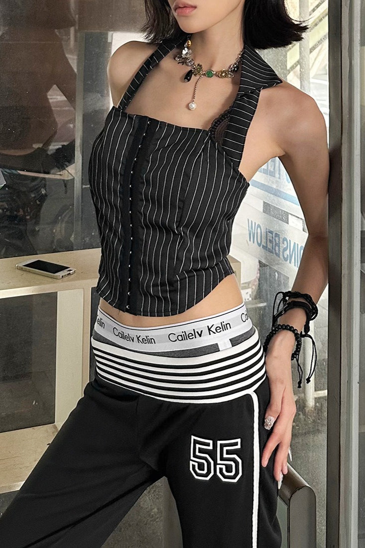 Stripe Bodycon Corset Lace Trim Halter Top