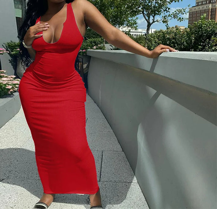 Ribbed Stripe Sleeveless Vneck Midi Dress