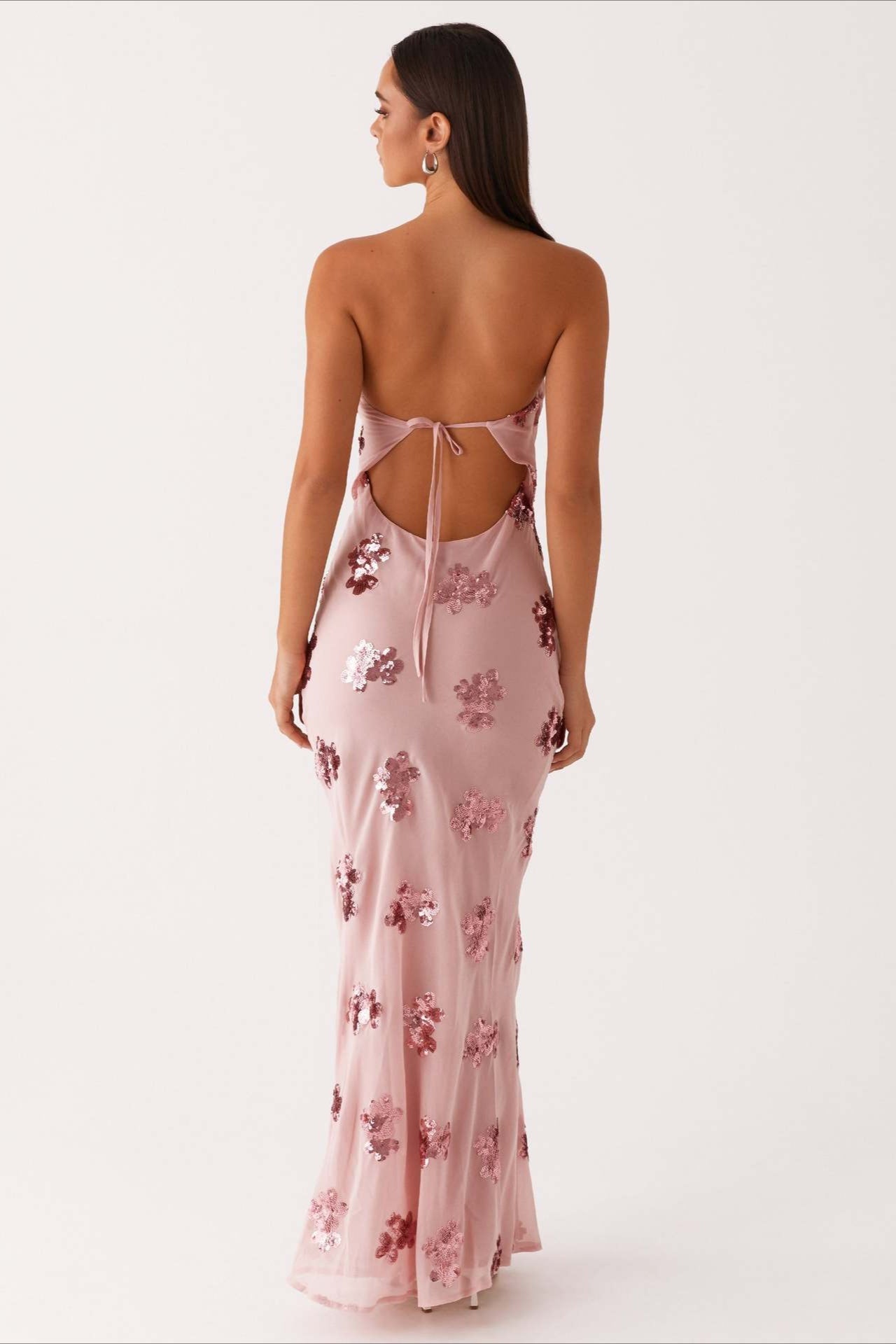 Pink Strapless Sequin Floral Embroidery Column Maxi Dress 2
