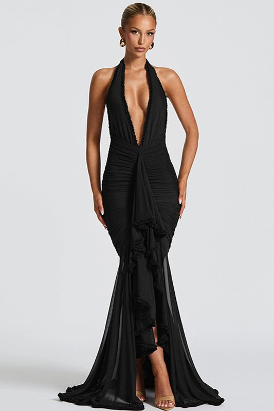 Mesh Panel Halter V Neck Backless Elegant Party Dress
