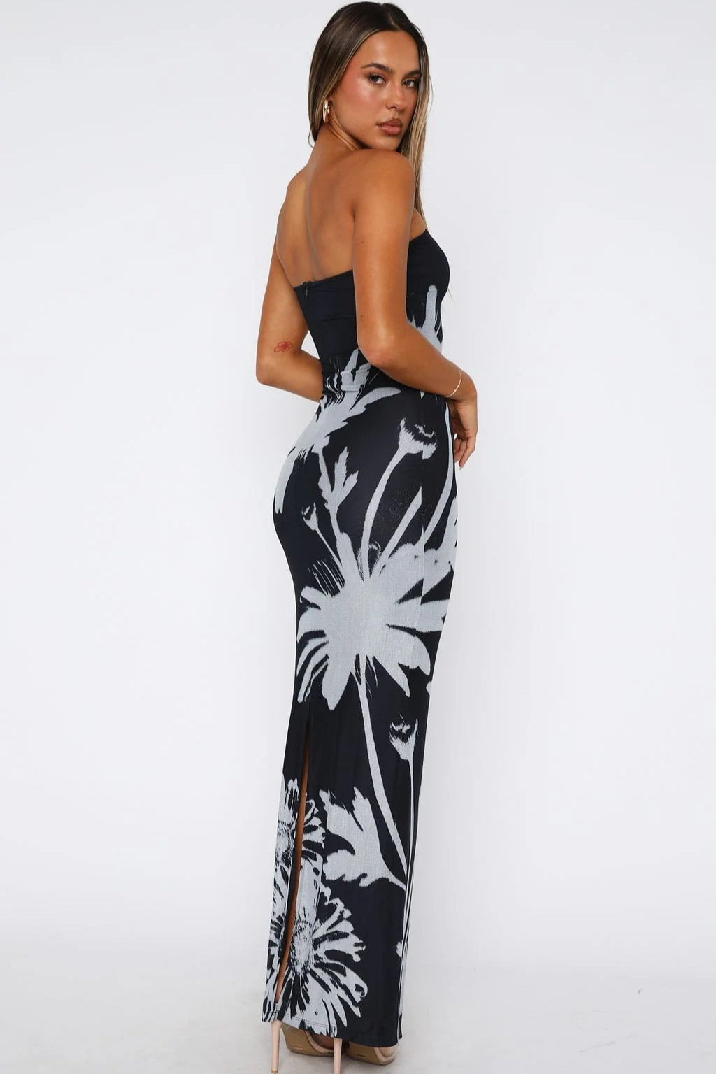 Black Strapless Bodycon Abstract Floral Placement Print Maxi Dress 2