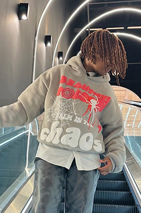 Loose Hip-hop Spider Web Print Hoodie