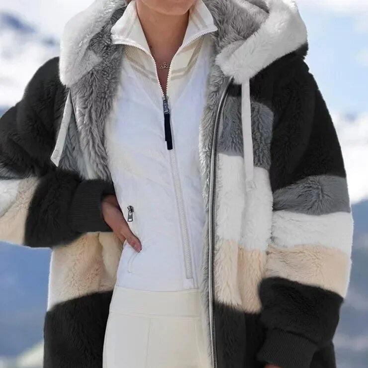 Hooded Zip Front Colorblock Patchwork Fleece Sherpa Jacket