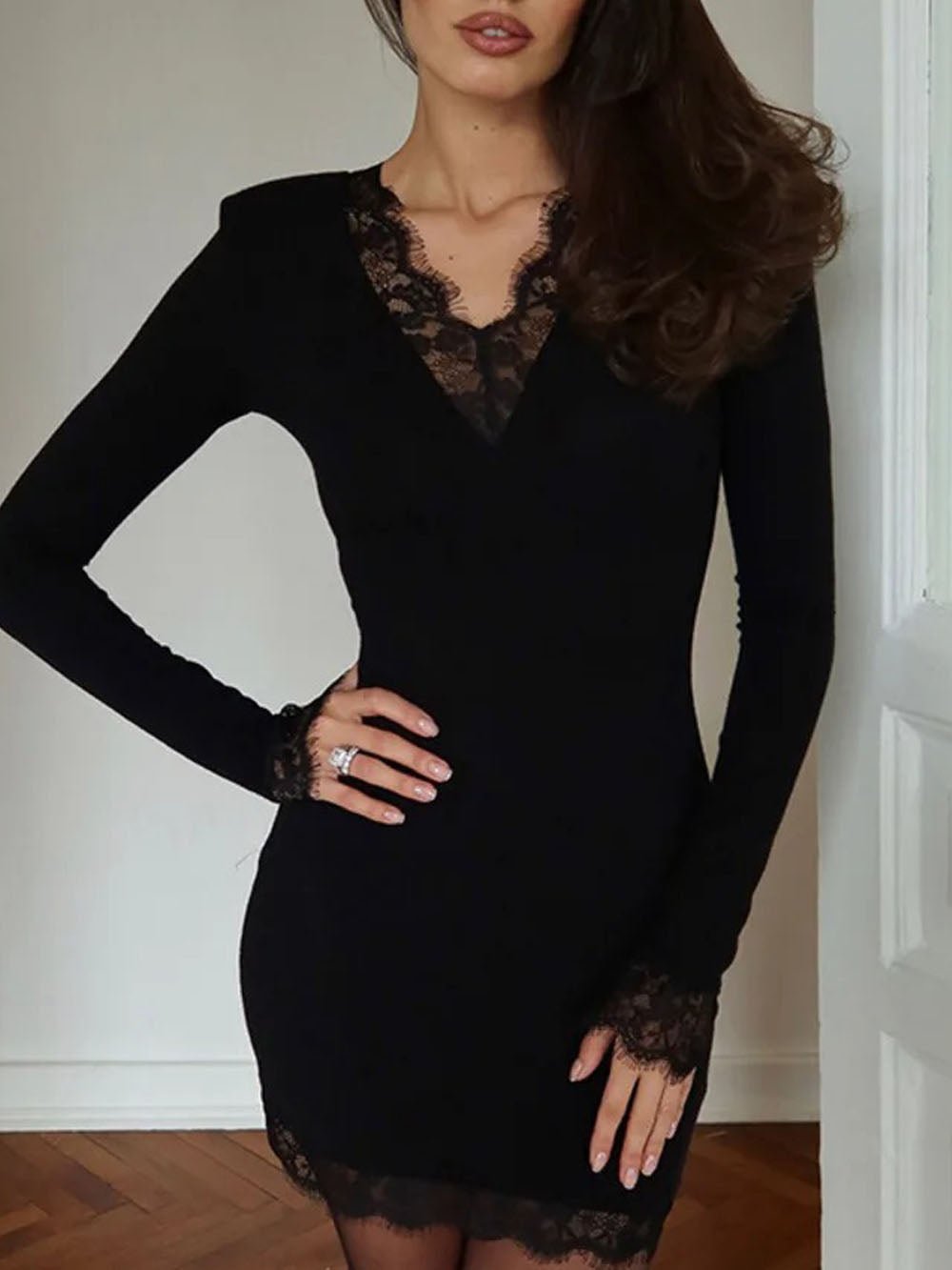 Bianca Lace V Neck Mini Dress Midnight Black