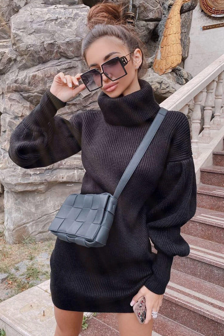 Black Turtleneck Bishop Sleeve Ribbed Knit Sweater Mini Dress