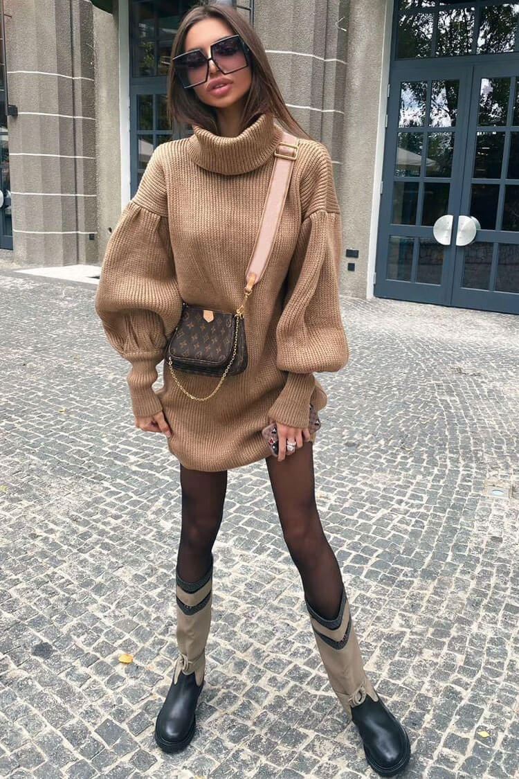 Camel Turtleneck Bishop Sleeve Ribbed Knit Sweater Mini Dress