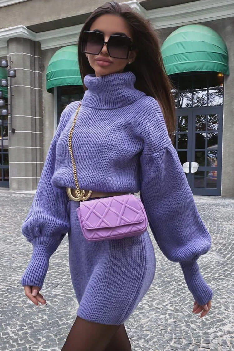 Purple Turtleneck Bishop Sleeve Ribbed Knit Sweater Bodycon Mini Dress