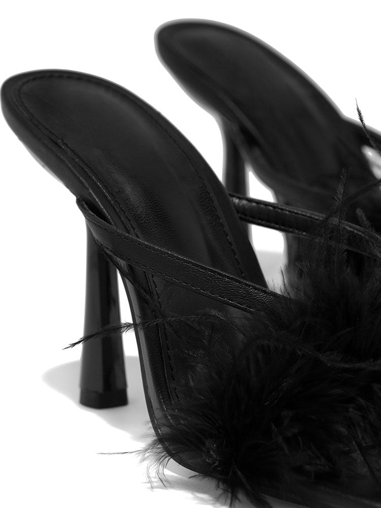 Feather Trim Square Toe Stiletto High Heel Mules