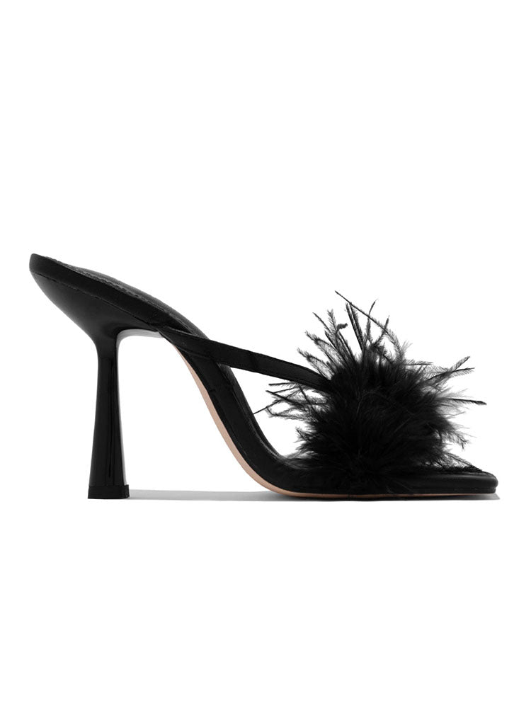 Feather Trim Square Toe Stiletto High Heel Mules
