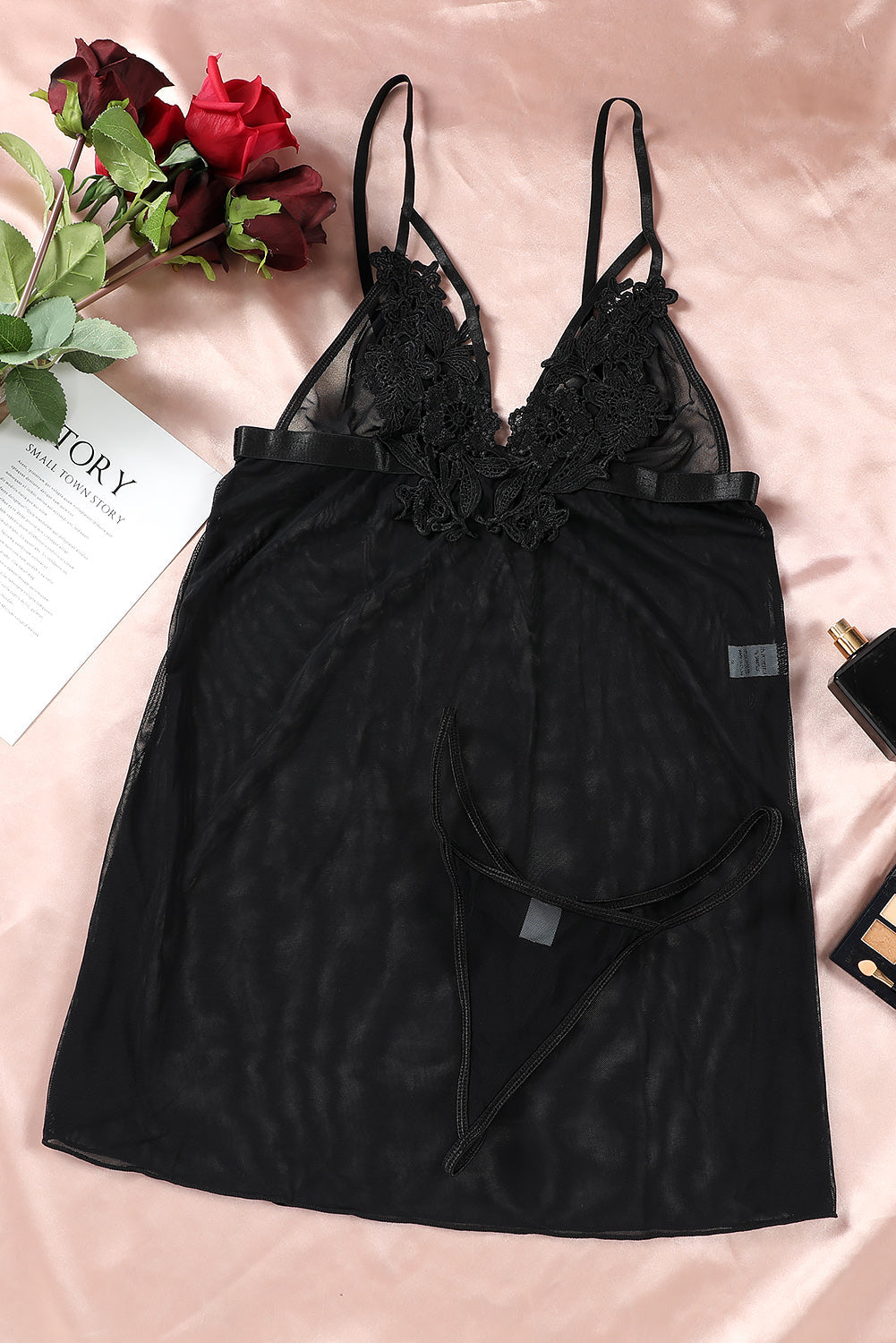 Black Sheer Lace Mesh Babydoll With Thong 6