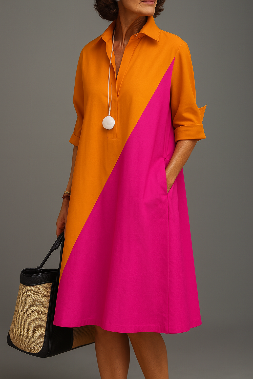 Orange Pink Collared Diagonal Colorblock Rolled Sleeve A-Line Shift Midi Dress