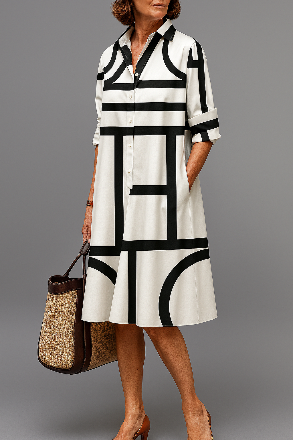 White Black Collared Geometric Print Long Sleeve A-Line Shirt Midi Dress
