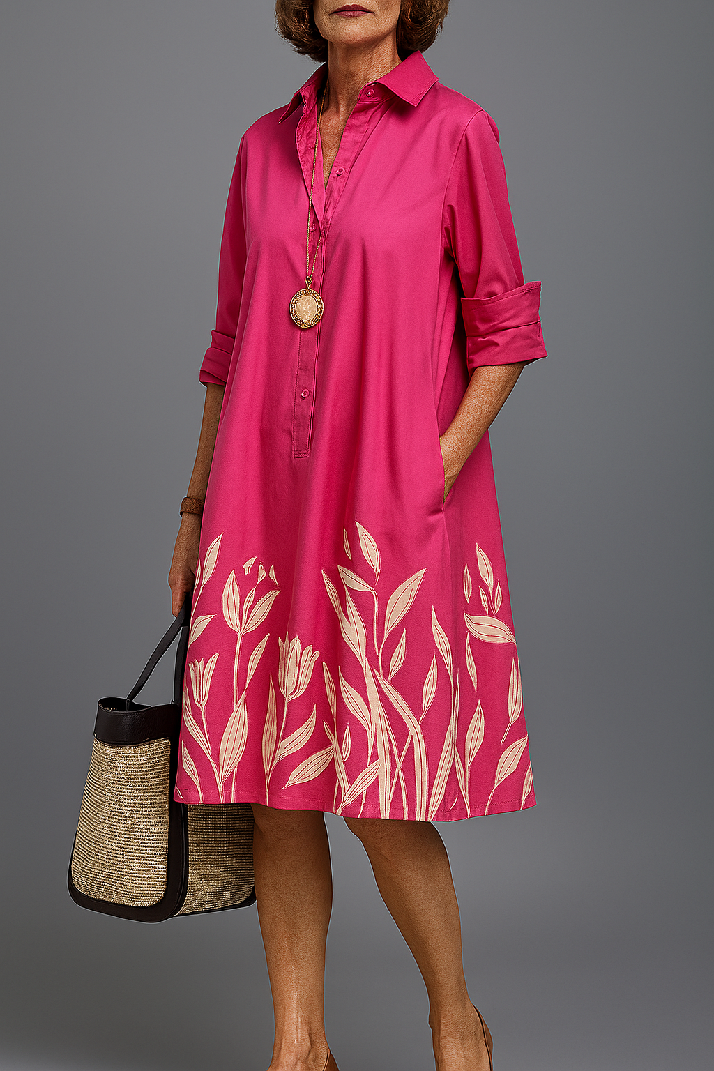 Pink Collared Roll-Tab Sleeve Tulip Print A-Line Midi Dress