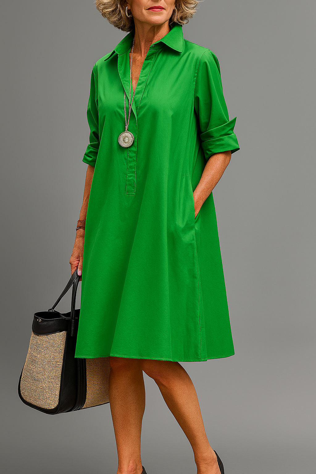 Green Collared Split Placket Three-Quarter Sleeve A-Line Shirt Midi Dress