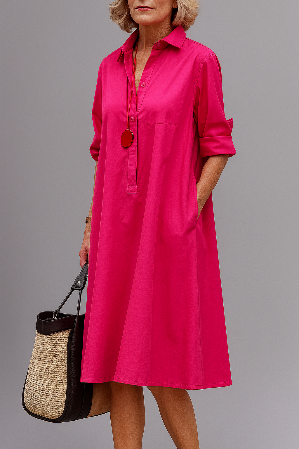 Pink Collared Button Placket Long Sleeve A-Line Shirt Midi Dress