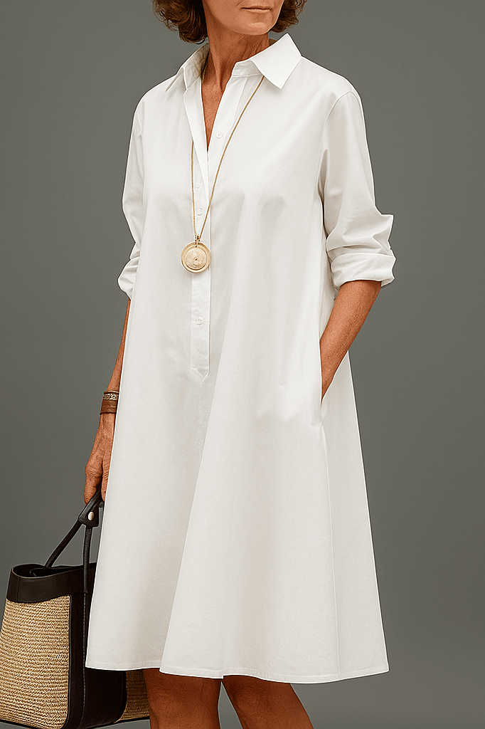 White Collared Button Placket Long Sleeve A-Line Midi Shirt Dress