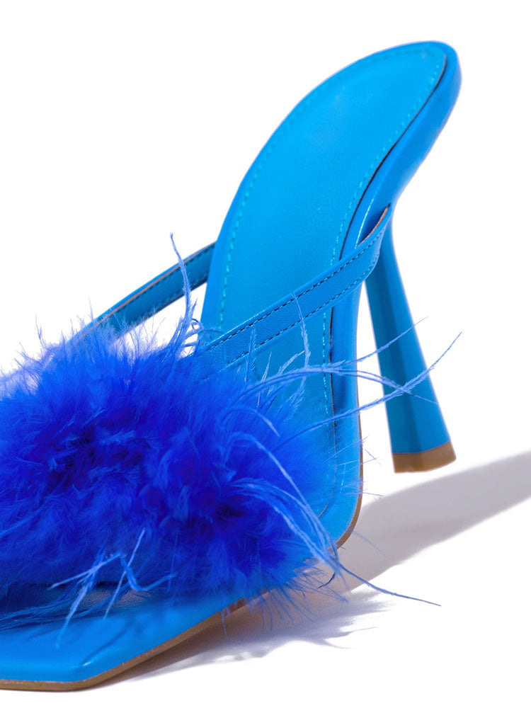 Feather Trim Square Toe Stiletto High Heel Mules