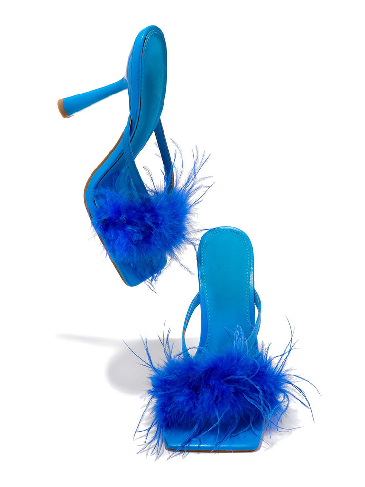 Feather Trim Square Toe Stiletto High Heel Mules
