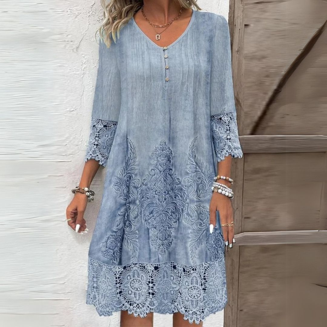 V-Neck Button Crochet Lace Trim Embroidered Shift Midi Dress