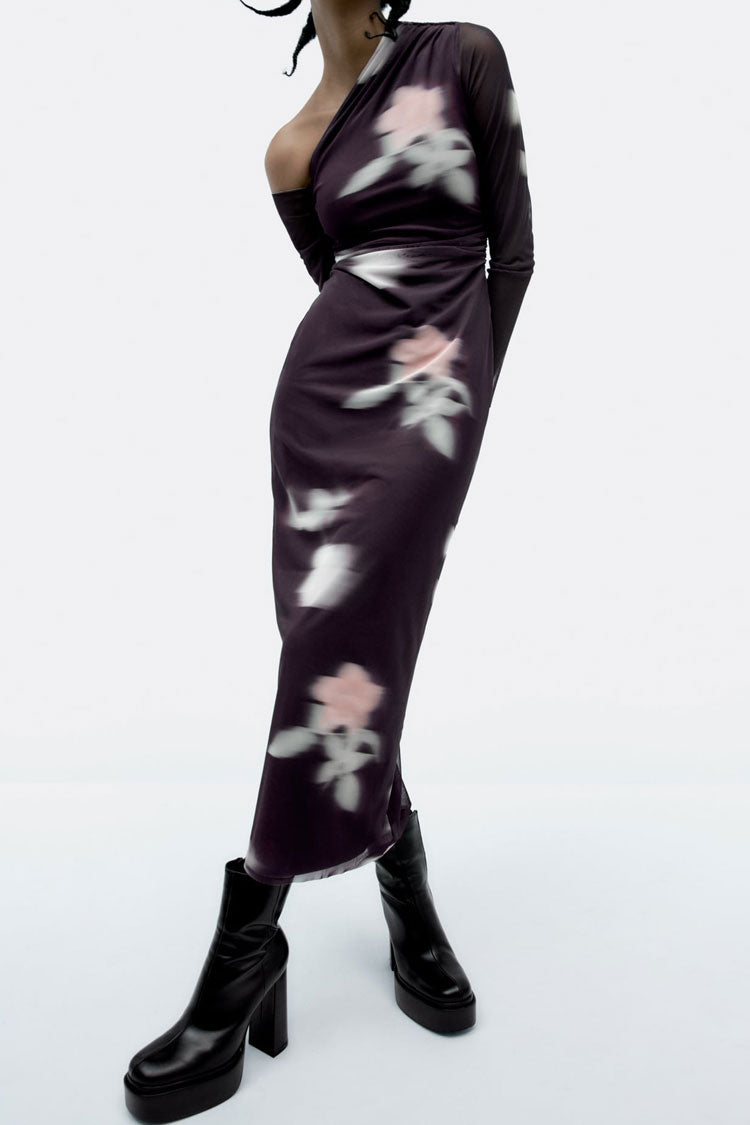Purple One Shoulder Long Sleeve Blurred Floral Ruched Mesh Bodycon Maxi Dress