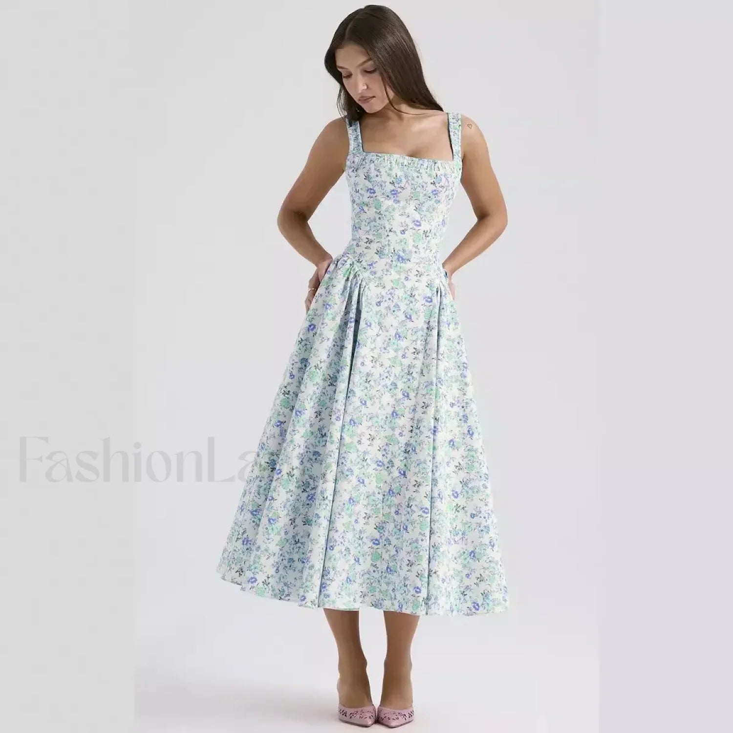 Bohemian Fragmented Flower Midi Dress Green / S