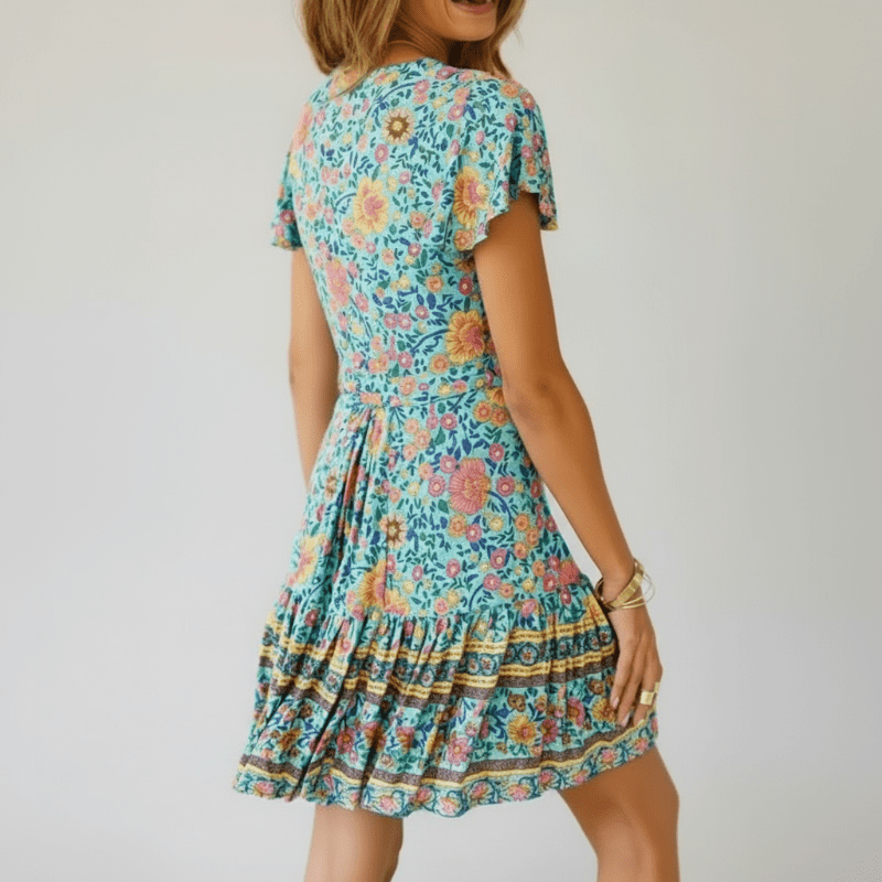 Green Boho Floral Print Mini Dress