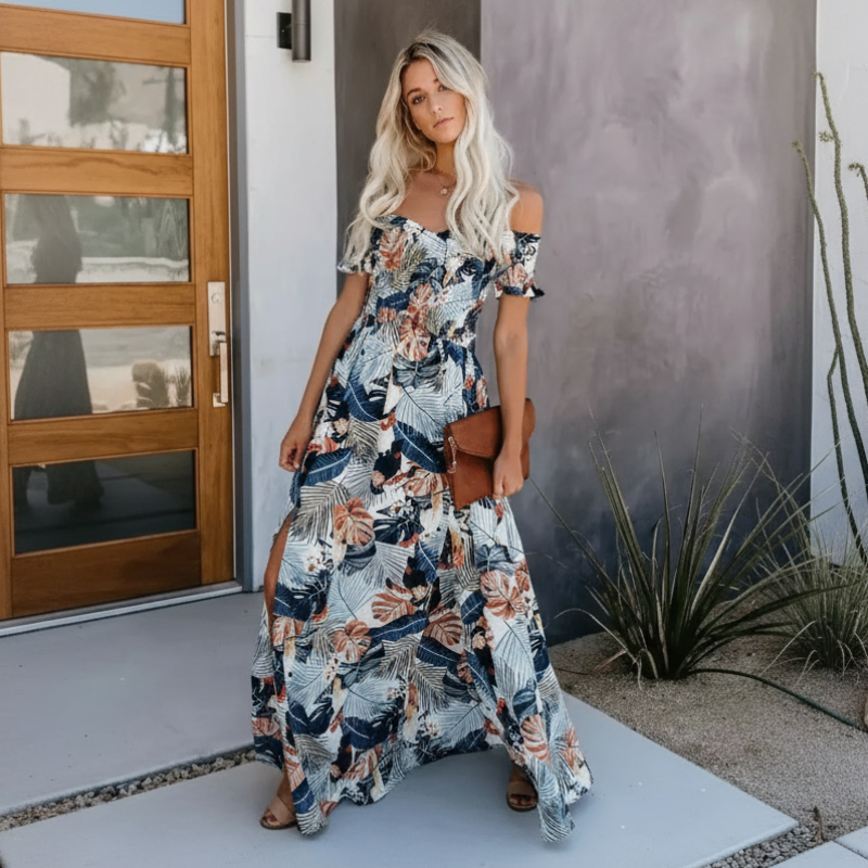 Boho Beach Hut Boho Dress, Beach Dress, Summer Dress, Maxi Dress, Chic Dress, Long Dress, Below knee dress, red dress, burgundy dress, blue dress, plus size dress, floral dress, strapless dress, sleeveless dress Boho Off Shoulder Colorful Floral Maxi Dress Dark Blue / S