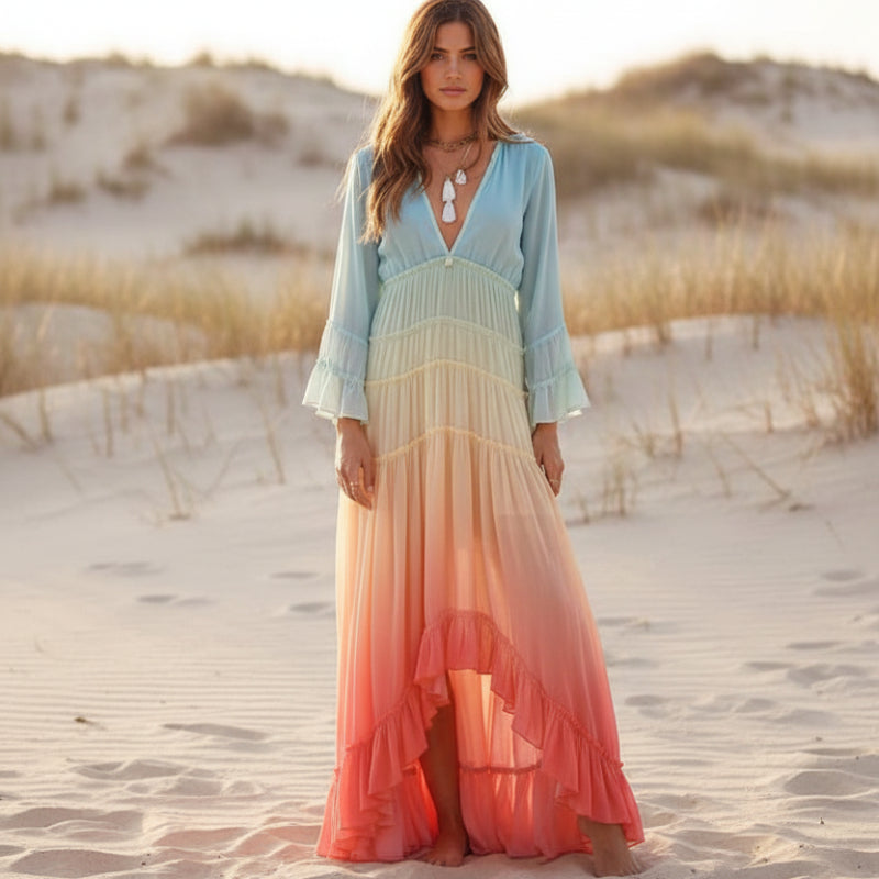 Boho Beach Hut Boho Dress, plus size dress, Beach Dress, Summer Dress, Maxi Dress, Chic Dress, Long Dress, Below knee dress, Sun Dress, rainbow dress, colorful dress, flowy dress Bohemian Rainbow Tiered Maxi Dress Rainbow / S