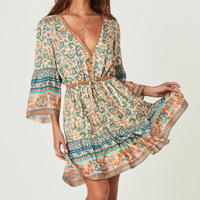 Boho Beach Hut Boho Dress, Plus Size dress, red dress, Khaki Dress, floral dress, hippie dress Boho Floral Print Mini Dress Khaki / S
